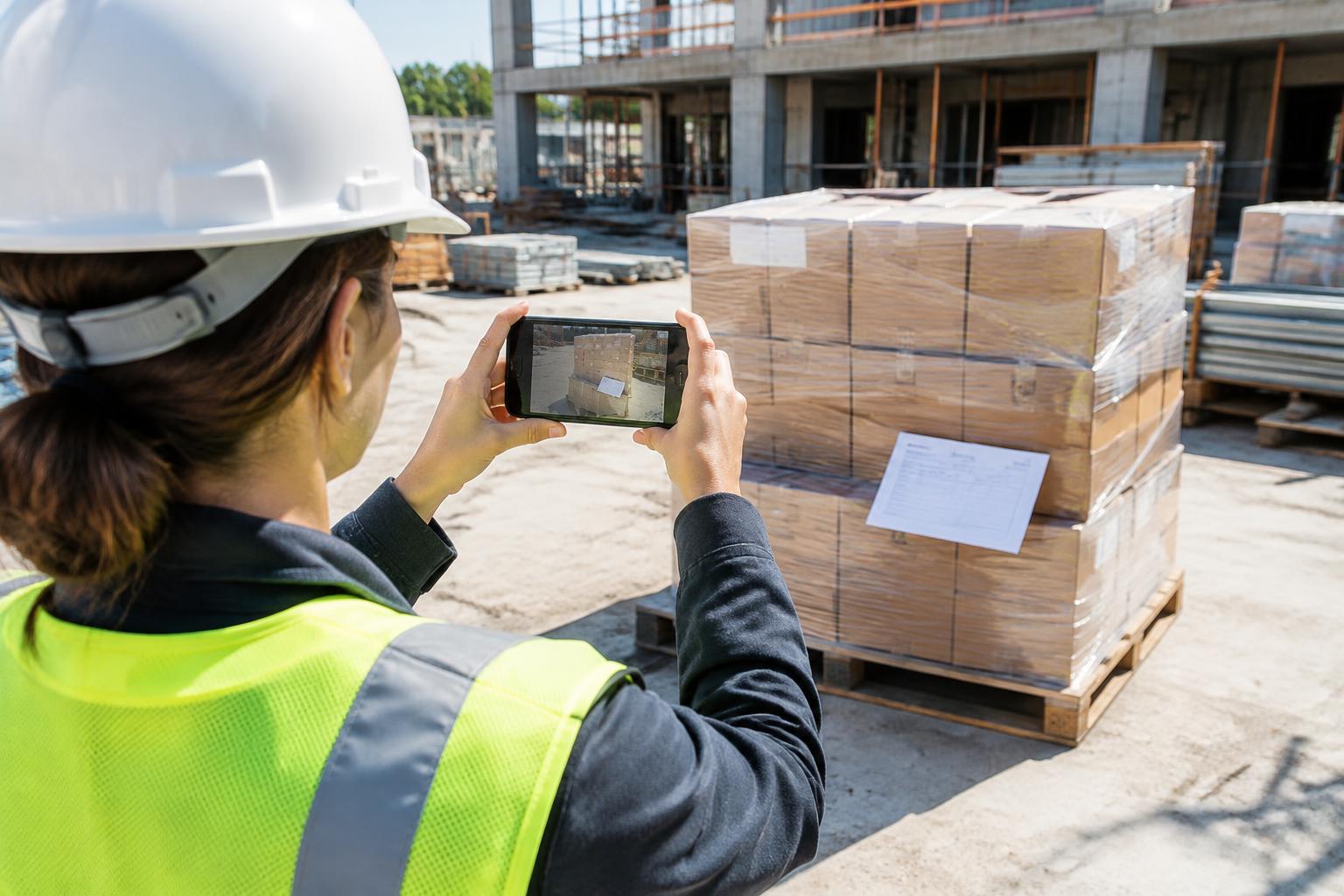 A construction employee photographing a delivery with a phone